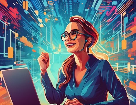 a motivational scene of a happy female developer successfully debugging javascript code, with a background that shows a sense of achievement and creativity.