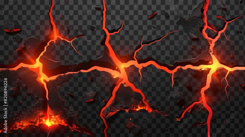 Poster in the background there is a pile of lava in the ground cracks, a red glow of volcano magma in the c