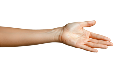 Isolated outstretched female arm with open palm, as if showing or pointing to something., or inviting.
