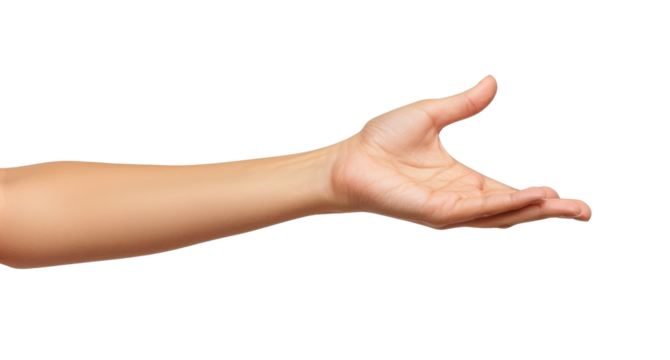 Outstretched arm of a young woman making a gesture of giving, demanding, welcoming or showing something, isolated on transparent background.