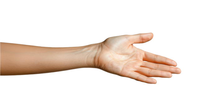 Isolated outstretched female arm with open palm, as if showing or pointing to something., or inviting.