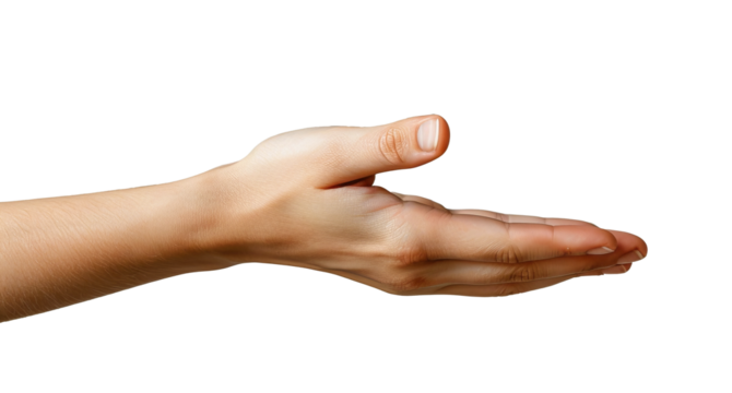 Outstretched human arm with palm making a gesture of receiving, getting, giving, demanding or holding something, isolated on transparent background.