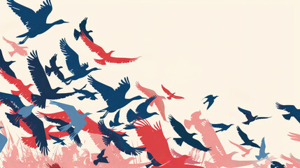 silhouettes of birds flying home after wintering, World Migratory Bird Day, poster, copy space