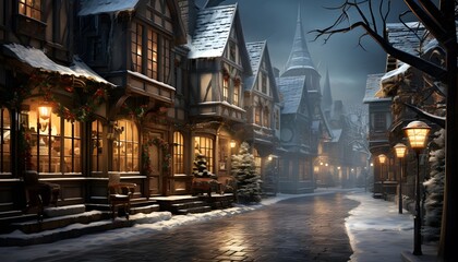 Night view of old european houses in a snowy winter street - Powered by Adobe