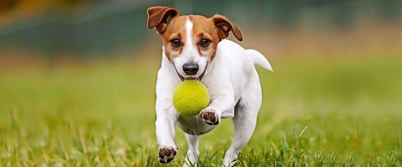 An Active Jack Russell Terrier Bites A Ball While Running Eagerly Towards Its Owner Outdoors