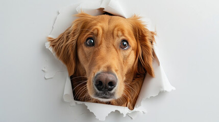 Adorable Golden Retriever dog sticking his head out of hole in white paper isolated on plain white background created with Generative AI Technology