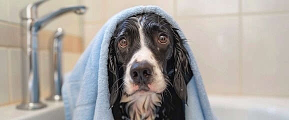 An Adorable English Springer Spaniel Sits Humorously With A Towel Draped Over Its Head, Capturing A...