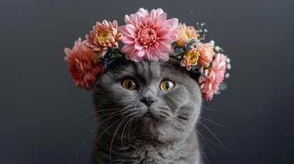 A beautiful gray cat wearing a crown of pink and yellow flowers is looking at the camera with wide eyes
