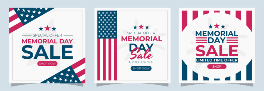 Memorial Day sale banner set. Promotional square backgrounds. Shopping, business and social media cards.