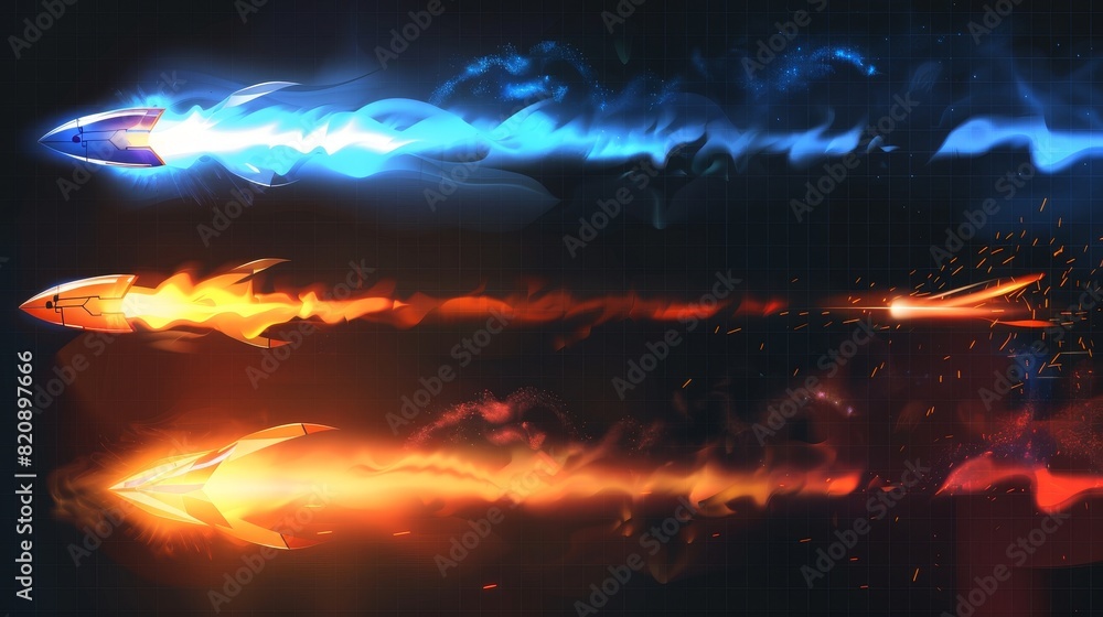 Poster fire trails of jet or rocket flight isolated on transparent background. jetpack or spaceship launch 