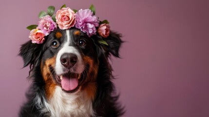 Fototapeta premium Bernese Mountain Dog wearing a flower crown made of roses and gardenias