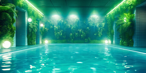 Luxury Indoor Swimming Pool with Modern Lighting and Lush Greenery. Perfect for Relaxation and Wellness Retreats
