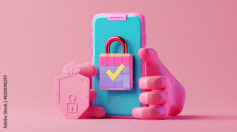Poster hand-held mobile phone with security code, padlock and shield with check mark. information safeguard