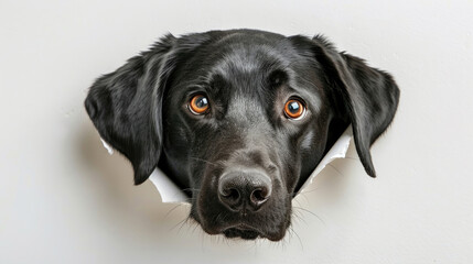 Adorable black Labrador Retriever dog sticking its head out of hole in white paper isolated on plain white background created with Generative AI Technology