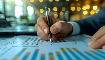 Close-up of a businessman analyzing financial reports with a pen, focusing on data and graphs in a professional setting