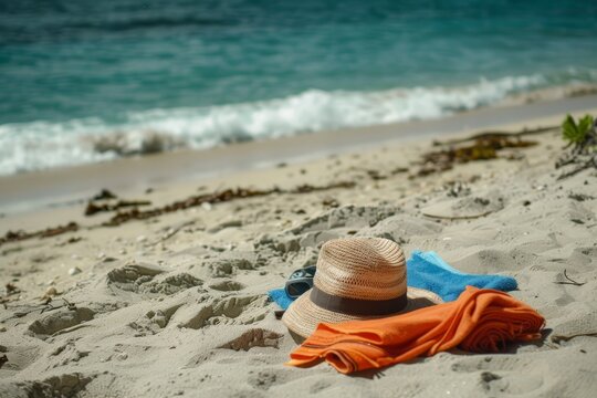 Set of summer travel flyers with beach items and wave. Top view. Vector illustration - Vector - Vector. Beautiful simple AI generated image in 4K, unique. - Powered by Adobe