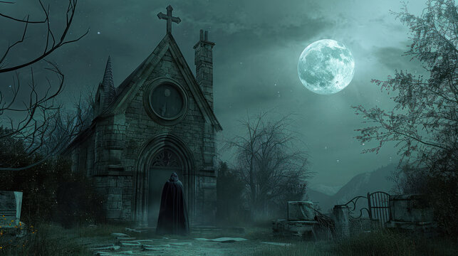 A gothic church at midnight, the full moon illuminating a figure in a cloak standing at the entrance.