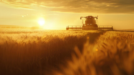 A harvester moving through a field of wheat at dusk, its silhouette casting long shadows, accompanied by a banner of infographics detailing the annual grain production and consumption rates.