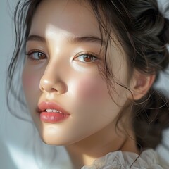 Serene beauty portrait: young woman with soft, radiant skin and natural makeup