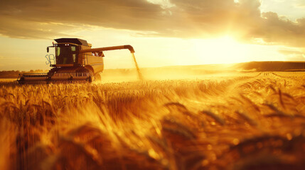 A harvester moving through a field of wheat at dusk, its silhouette casting long shadows,...