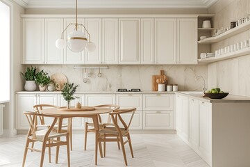 Fototapeta premium A scandinavian classic minimalist kitchen featuring white cabinets, a table, and chairs.