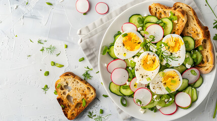 Delicious summer salad with boiled eggs, radishes, green onions and cucumber served with toasted bread close-up in a bowl on the table. horizontal top view from above isolated on white background, spa