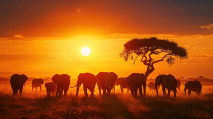 Fototapeta premium A herd of elephants roaming freely across the African savannah at sunset.