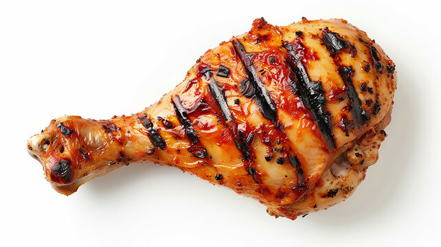 Tasty grilled chicken leg on white background, top view. BBQ food