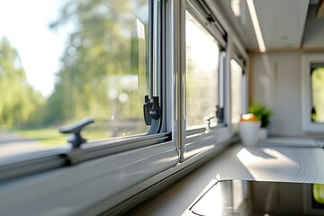 modern motorhome interior with large windows, scenic views, and sleek design, highlighting the comfort and convenience of RV living and travel.