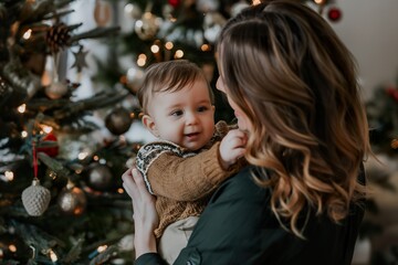 A woman cradles her baby tenderly in front of a beautifully adorned Christmas tree.