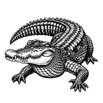crocodile illustration. hand drawn alligator black and white vector illustration. isolated white background