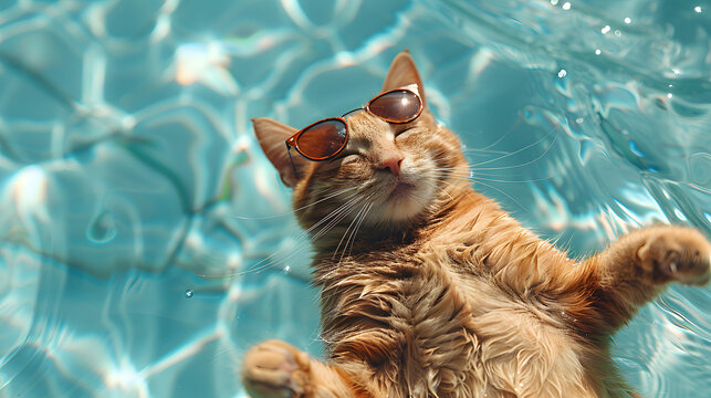 A cool ginger cat wearing sunglasses relaxes in the water, capturing a fun and playful summer vibe
