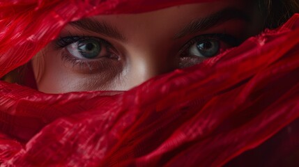 Mysterious woman eyes covered by a vivid red scarf, ideal for beauty and fashion advertising.