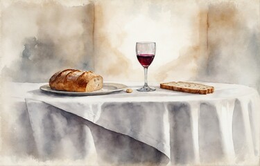 Catholic icons. The bread, wine glass, and Bible on the table are emblems of the Lord's Supper. watercolour painting done digitally.