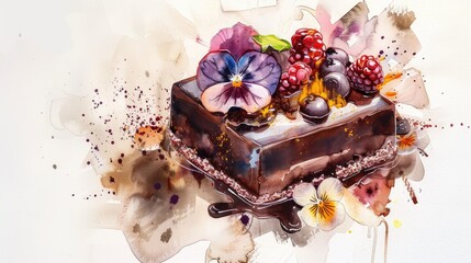 A delightful watercolor painting of a decadent chocolate dessert garnished with edible flowers to mark World Chocolate Day