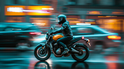 Motorcycle rider in helmet and gear racing at high speed on the nighttime background with motion blur