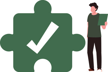 The boy is solving the puzzle.