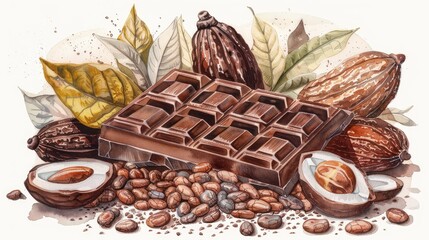 A whimsical watercolor depiction of a chocolate bar surrounded by cocoa beans and cocoa pods to mark World Chocolate Day