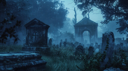 Obraz premium A misty cemetery at night, a faint apparition visible among the tombstones.