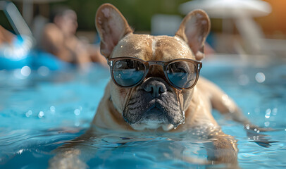 A French Bulldog sporting sunglasses while in a pool, exuding a relaxed and cool summer atmosphere