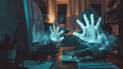 A pair of ghostly hands appearing over the shoulder of a person working late at night in an office. --ar 16:9 Job ID: 09fedc78-d26c-45c2-bf7a-0755f163c1d9