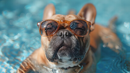 A French Bulldog sporting sunglasses while in a pool, exuding a relaxed and cool summer atmosphere