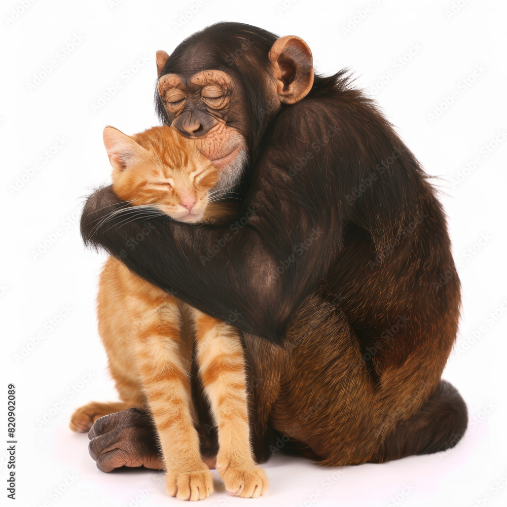 Wall mural Monkey hugs ginger cat
