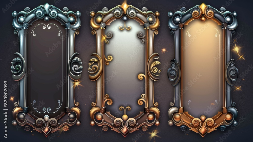 Poster the banner and button frames are empty with swirls and fantasy ornaments in vintage medieval style, 
