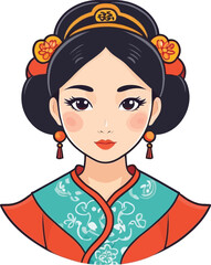 Chinese pretty girl in mandarin gown with Chinese New Year hand-drawn cartoon character sticker