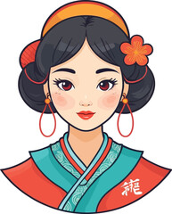 Chinese pretty girl in mandarin gown with Chinese New Year hand-drawn cartoon character sticker