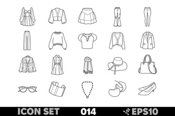 Collection of 20 linear icons of women's clothing and accessories. Simple black and white vector illustrations in a minimalist line style, including dresses, blouses, skirts, jeans, leggings, pants