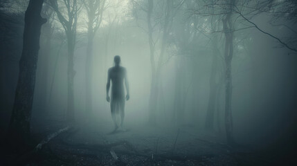 A shadowy figure looming in a foggy forest at dusk, suggesting a ghostly presence.