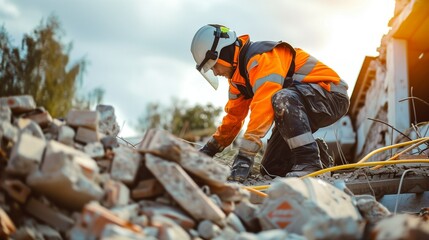 A rescuer is dismantling the ruins of a destroyed city after an earthquake. Rubble, ruins of residential buildings. A natural disaster, a shift of tectonic plates.