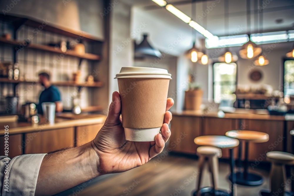 Wall mural An eco-friendly disposable paper cup with takeaway coffee on the table in the hands of a barista on a blurred background of a coffee shop. A place for the text.